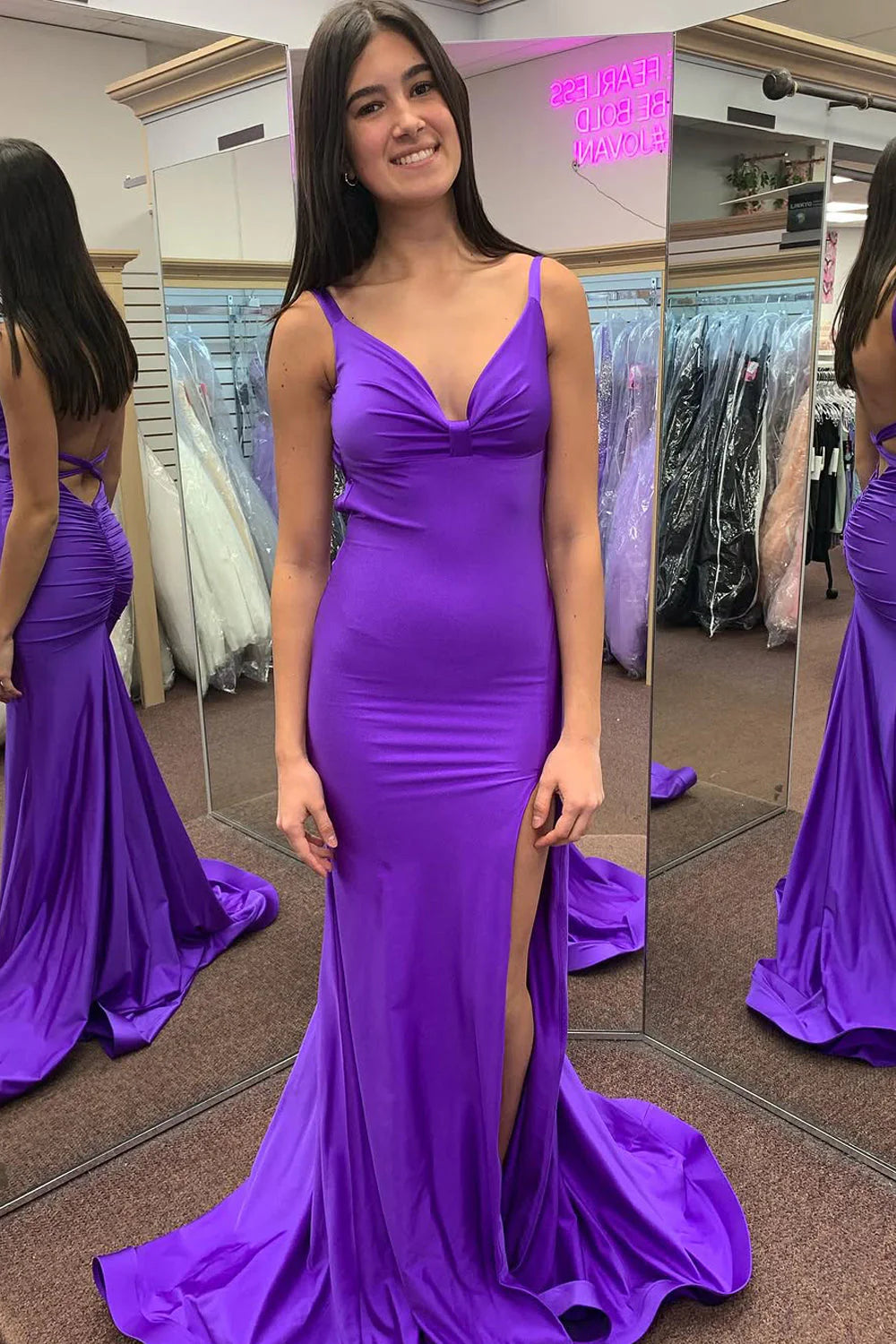 Formal Women's Dresses/Charming Mermaid V Neck Purple Satin Slit Prom Dress Party Dress Evening Dress/Dress For Formal