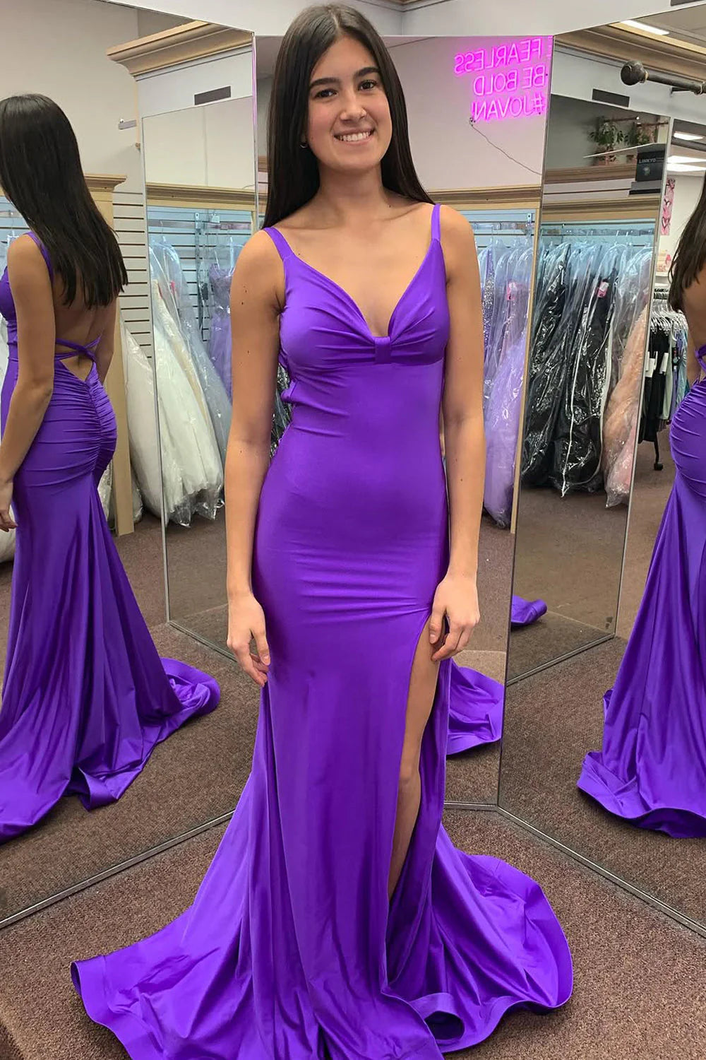 Formal Women's Dresses/Charming Mermaid V Neck Purple Satin Slit Prom Dress Party Dress Evening Dress/Dress For Formal