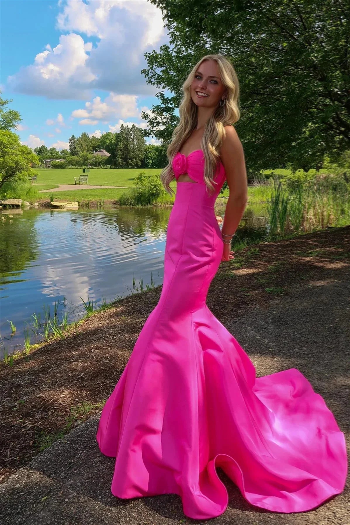 Formal Women's Dresses/Mermaid Sweetheart Keyhole Pink Satin With Bow Prom Dress Evening Dress/Dress For Formal