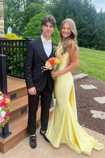 Formal Women's Dresses/Mermaid V Neck Yellow Satin Prom Dress with Cross Back Evening Dress/Dress For Formal