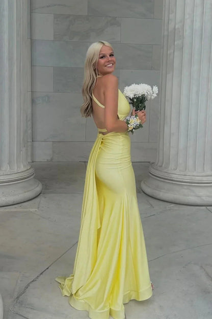 Formal Women's Dresses/Mermaid V Neck Yellow Satin Prom Dress with Cross Back Evening Dress/Dress For Formal