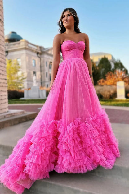 Formal Women's Dresses/Princess A-Line Pink Sweetheart Tiered Tulle Long Prom Dresses Evening Dress/Dress For Formal