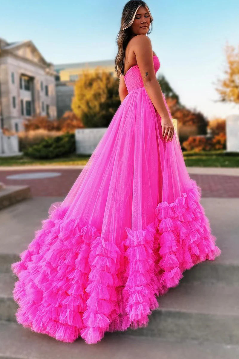 Formal Women's Dresses/Princess A-Line Pink Sweetheart Tiered Tulle Long Prom Dresses Evening Dress/Dress For Formal