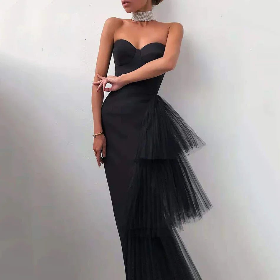 Formal Women's Dresses Sexy Satin Black Evening Dress Mermaid Strapless Tiered Off Shoulder Sleeveless Girl Formal Prom Dresses / Prom Dress In Store ﻿