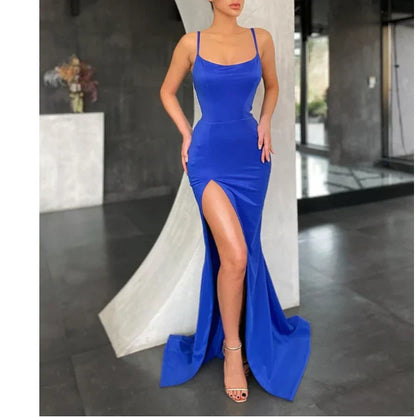 Formal Women's Dresses Sexy Spaghetti Straps Royal Blue Satin Prom Dresses Side Slit Prom Dresses / Prom Dress In Store