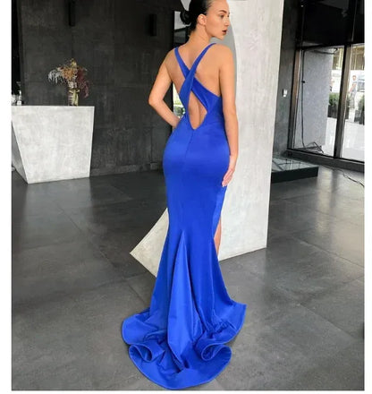 Formal Women's Dresses Sexy Spaghetti Straps Royal Blue Satin Prom Dresses Side Slit Prom Dresses / Prom Dress In Store