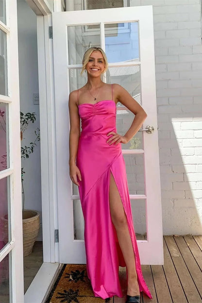 Formal Women's Dresses/Sheath Strapless Fuchsia Satin Prom Dress with Slit Evening Dress/Dress For Formal