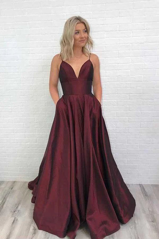 Formal Women's Dresses Sherry Charming Satin Prom Dress Burgundy Prom Dress V Neck Prom Dress / Prom Dress In Store