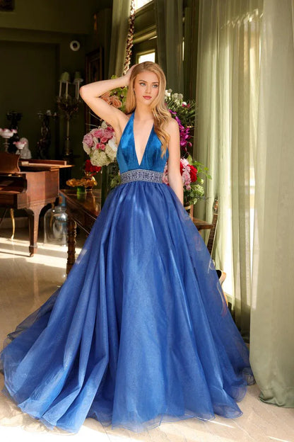 Formal Women's Dresses Simple Plunging V Neck Halter Ballgown Floor Length A-line Stores With Prom Dresses Sleeveless