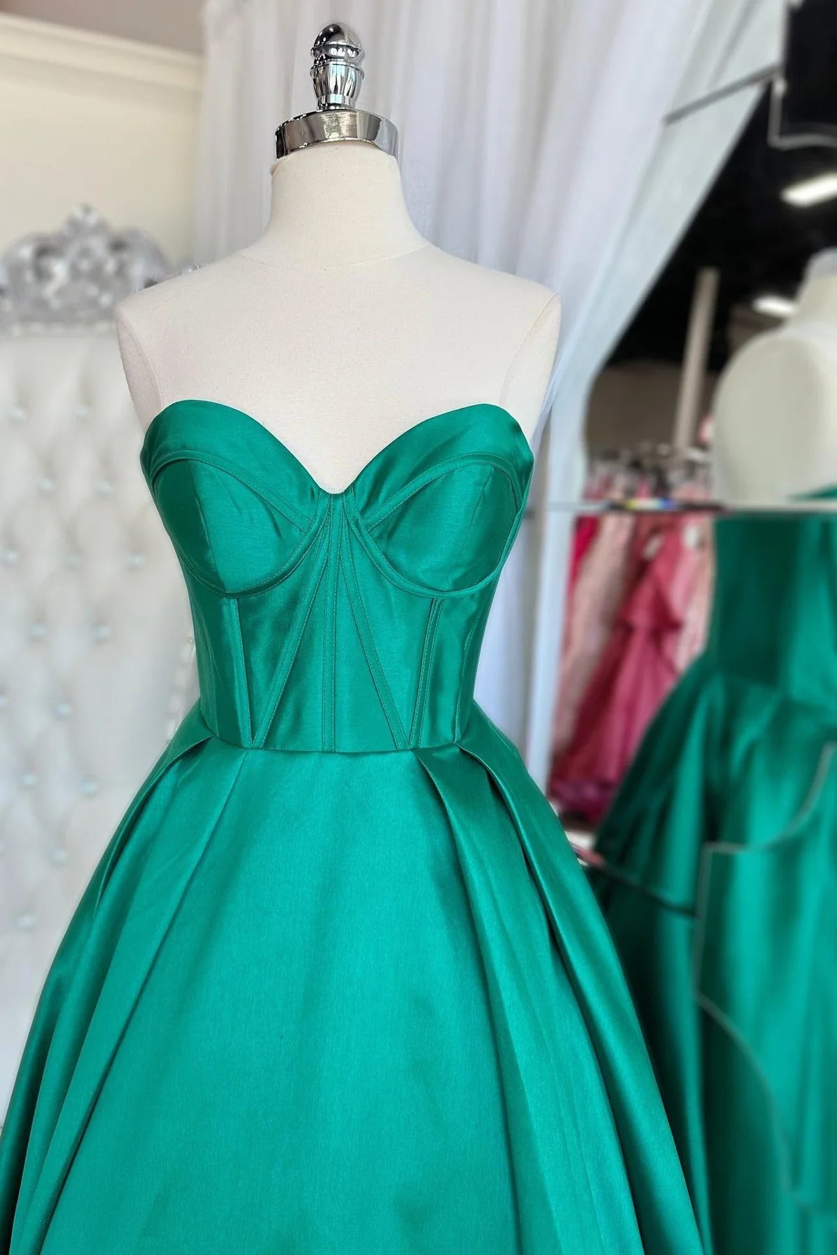 Formal Women's Dresses Sleeveless Sweetheart Green Satin A-line Long Formal Gown Prom Dress Prom Dress In Store