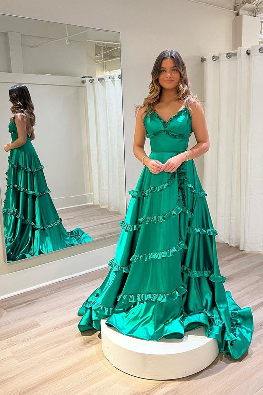 Formal Women's Dresses Spaghetti Straps Backless Green Ruffles V neck Long Prom Dress Prom Dress In Store