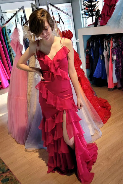 Formal Women's Dresses Spaghetti Straps Fuchsia Mermaid Ruffles Long With Slit Prom Dress Prom Dress In Store