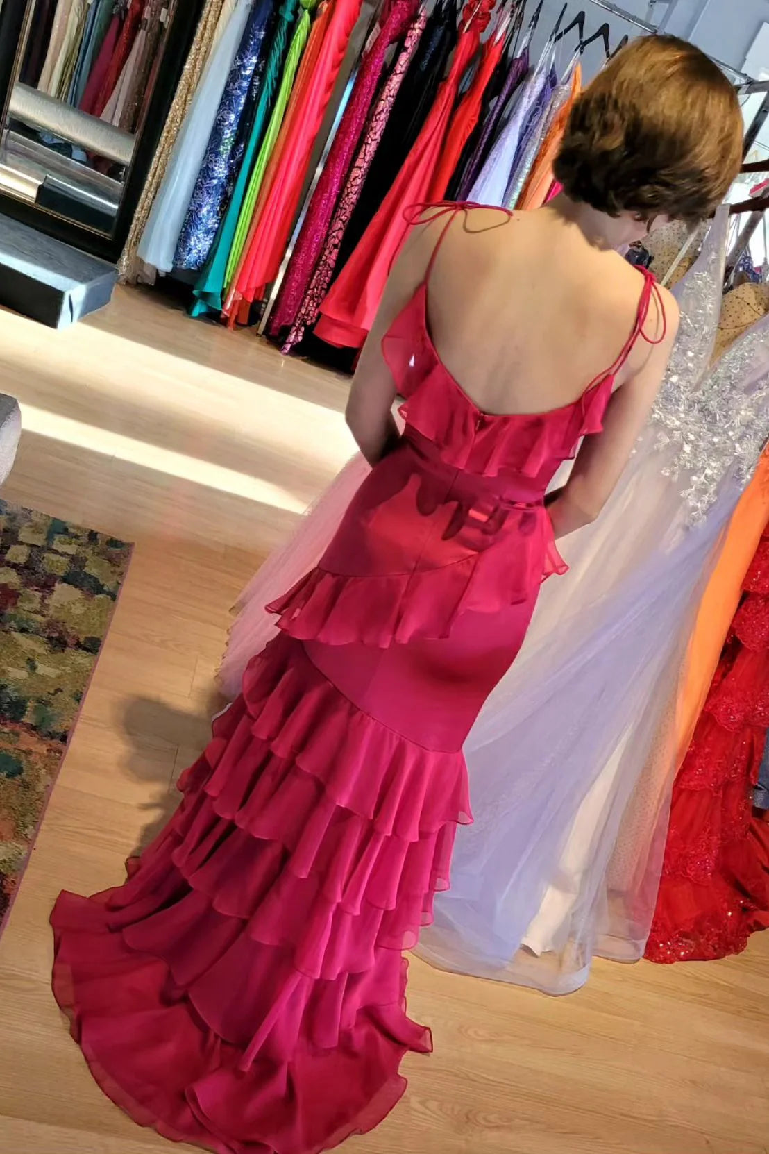 Formal Women's Dresses Spaghetti Straps Fuchsia Mermaid Ruffles Long With Slit Prom Dress Prom Dress In Store