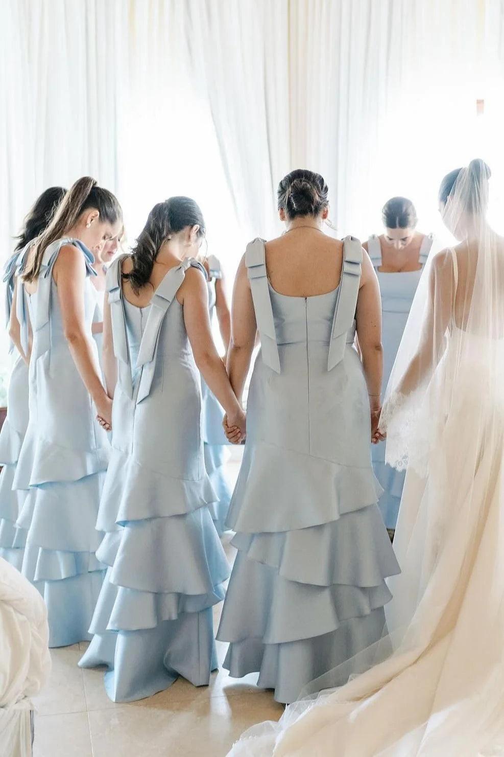 Formal Women's Dresses Square Neck Light Blue Ruffles A-line Bridesmaid Dress Prom Dress In Store