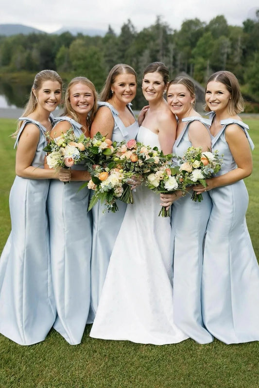 Formal Women's Dresses Square Neck Light Blue Satin Long Bridesmaid Dress with Slit Prom Dress In Store