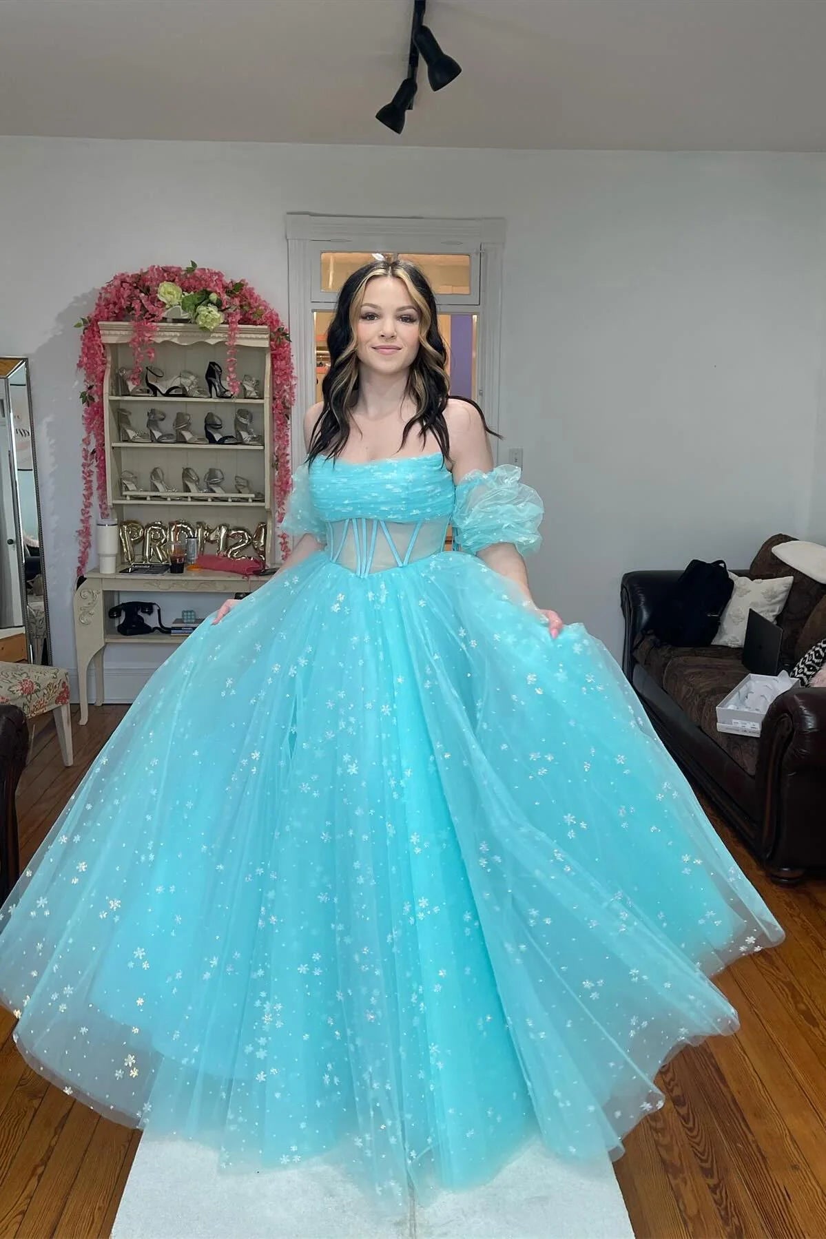 Formal Women's Dresses Strapless Blue Tulle Starry Long Formal Gown A-line Floor Length Prom Dress Prom Dress In Store