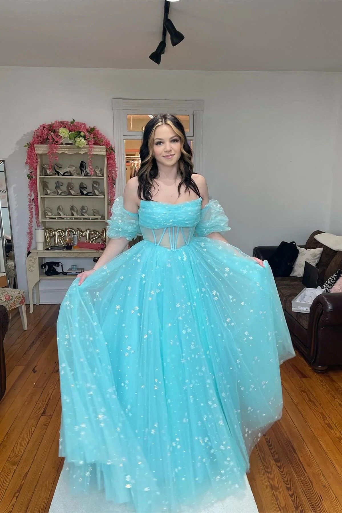 Formal Women's Dresses Strapless Blue Tulle Starry Long Formal Gown A-line Floor Length Prom Dress Prom Dress In Store