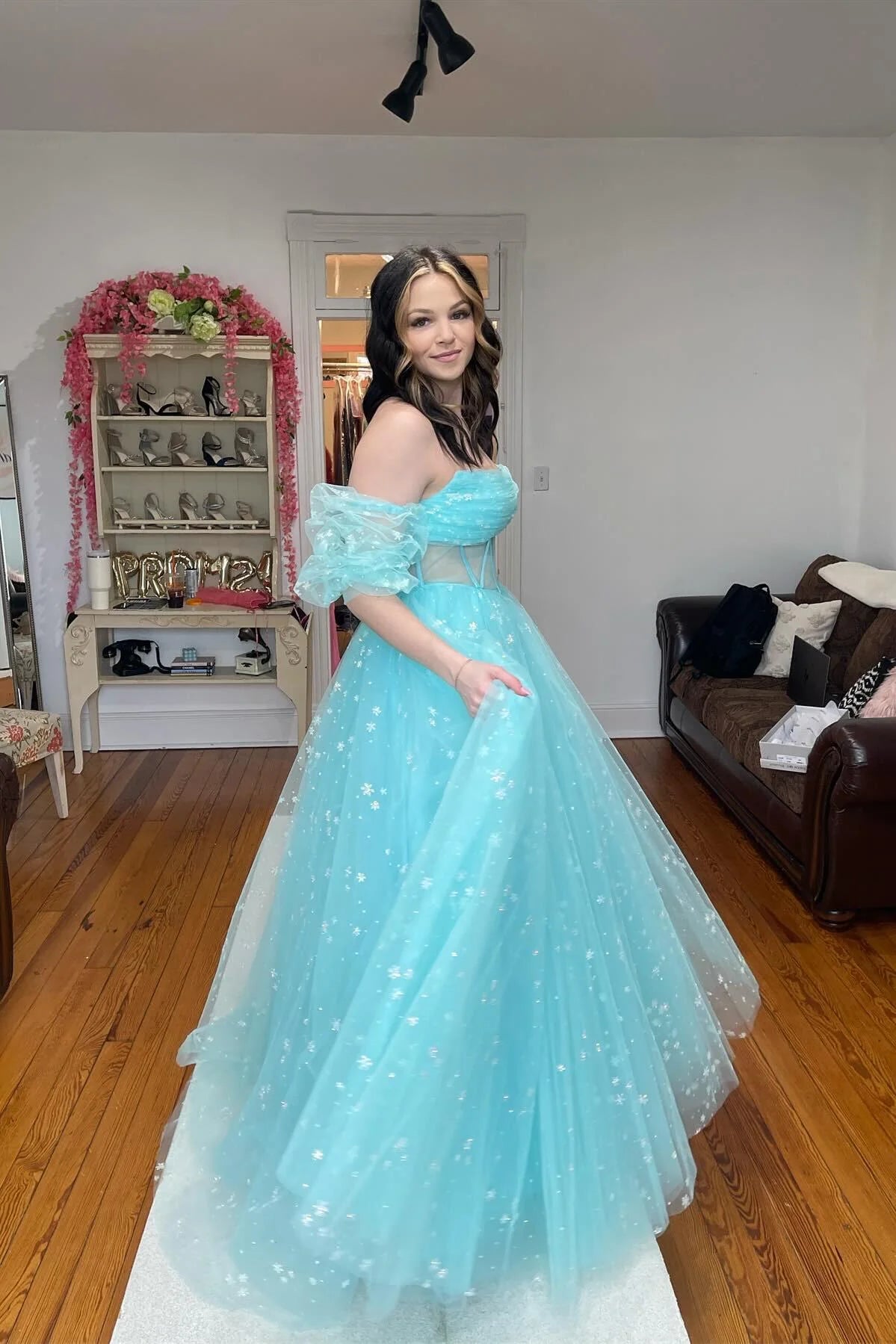 Formal Women's Dresses Strapless Blue Tulle Starry Long Formal Gown A-line Floor Length Prom Dress Prom Dress In Store