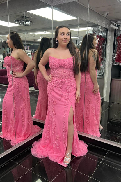 Formal Women's Dresses Strapless Hot Pink Lace Applique Mermaid Floor Length With Slit Prom Dress Prom Dress In Store