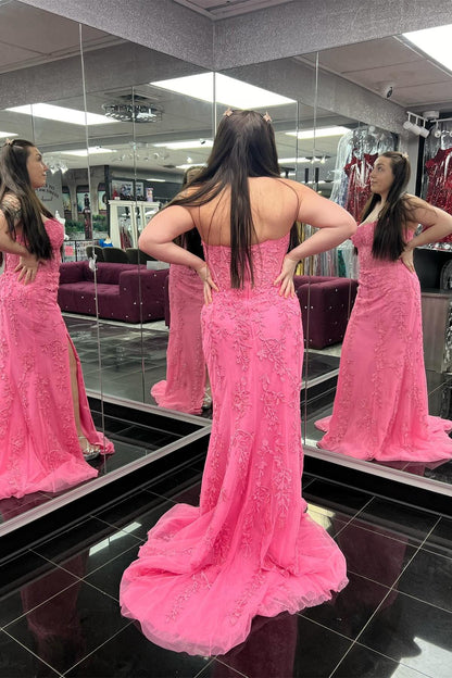 Formal Women's Dresses Strapless Hot Pink Lace Applique Mermaid Floor Length With Slit Prom Dress Prom Dress In Store