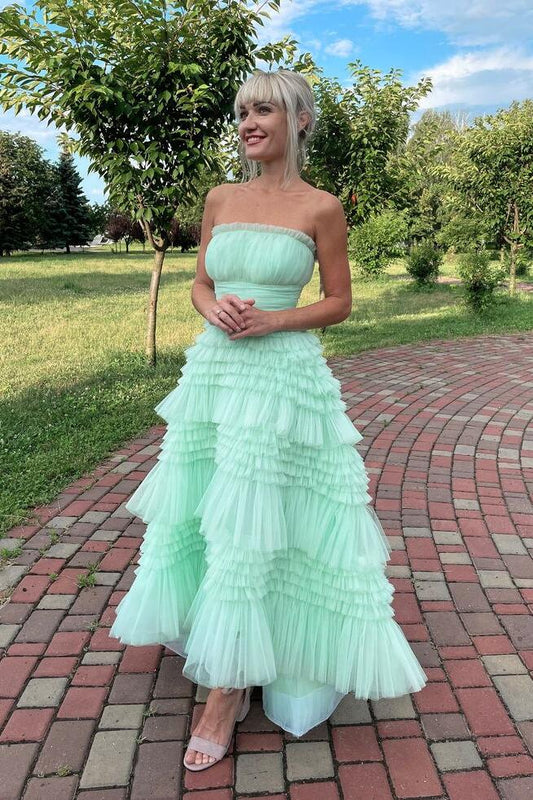 Formal Women's Dresses Strapless Mint Green High-low Tiered Ruffles Gown Prom Dress Prom Dress In Store