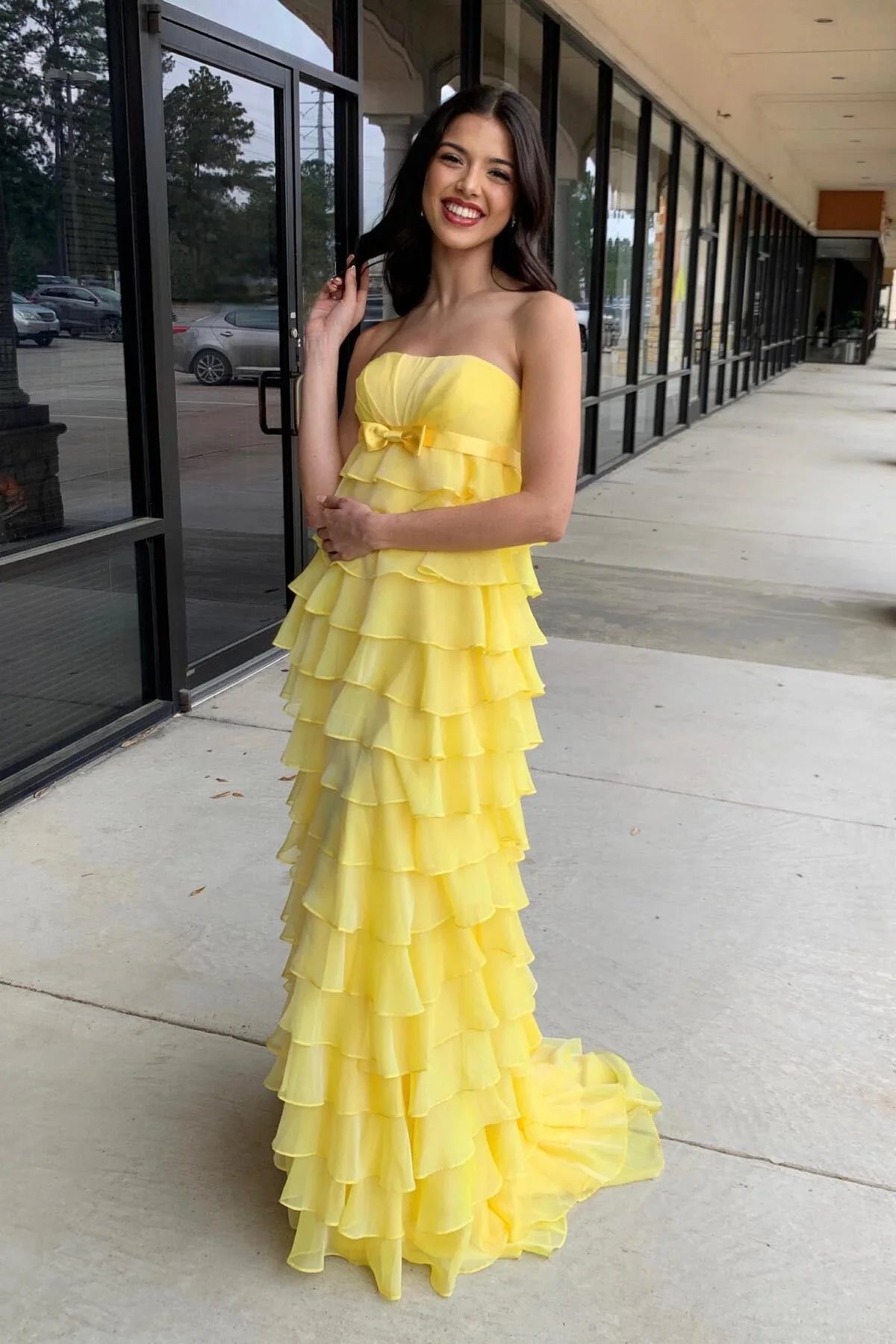 Formal Women's Dresses Strapless Sleeveless Yellow Chiffon Tiered Ruffles Long Party Dress Prom Dress Prom Dress In Store