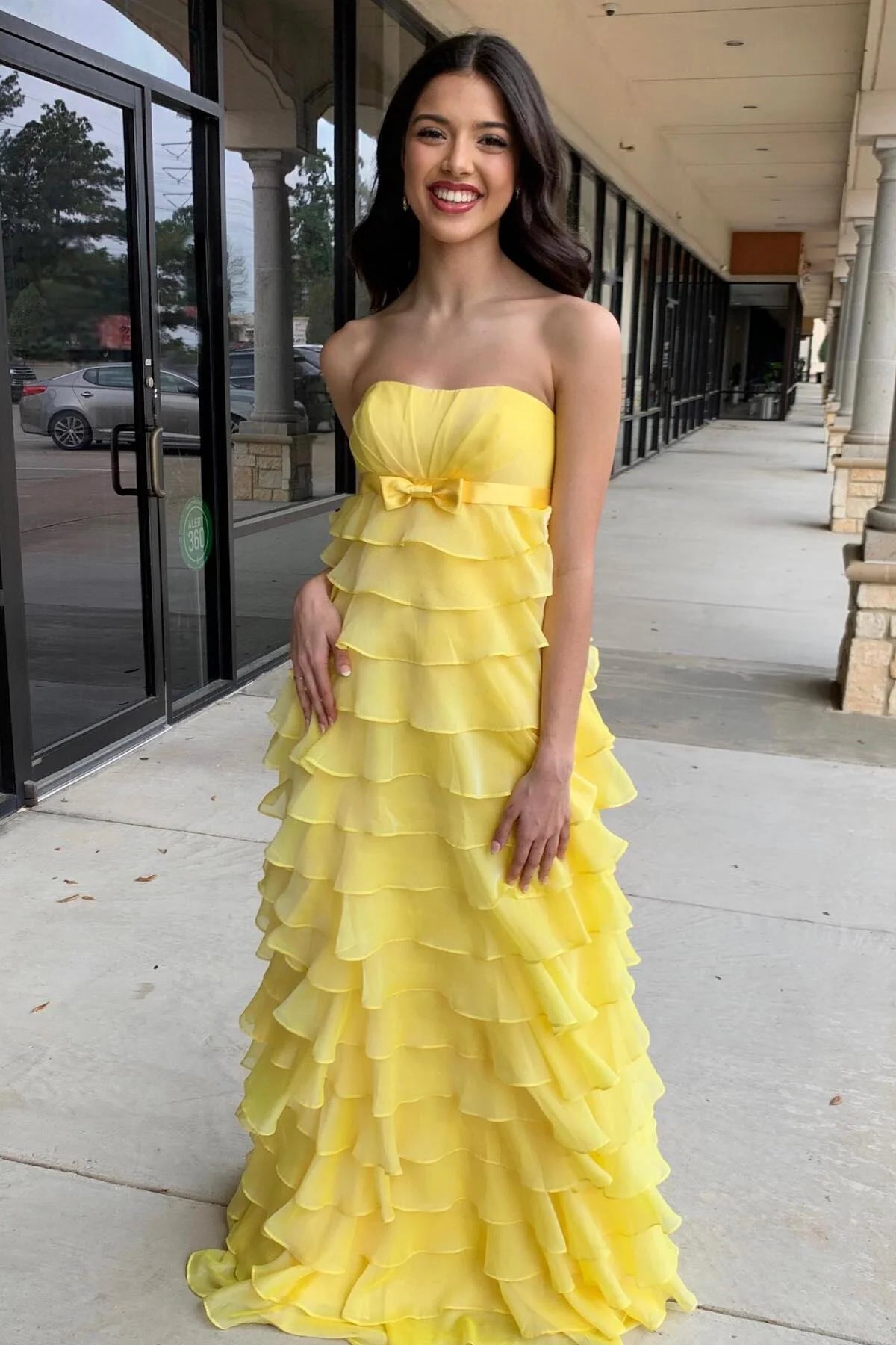 Formal Women's Dresses Strapless Sleeveless Yellow Chiffon Tiered Ruffles Long Party Dress Prom Dress Prom Dress In Store