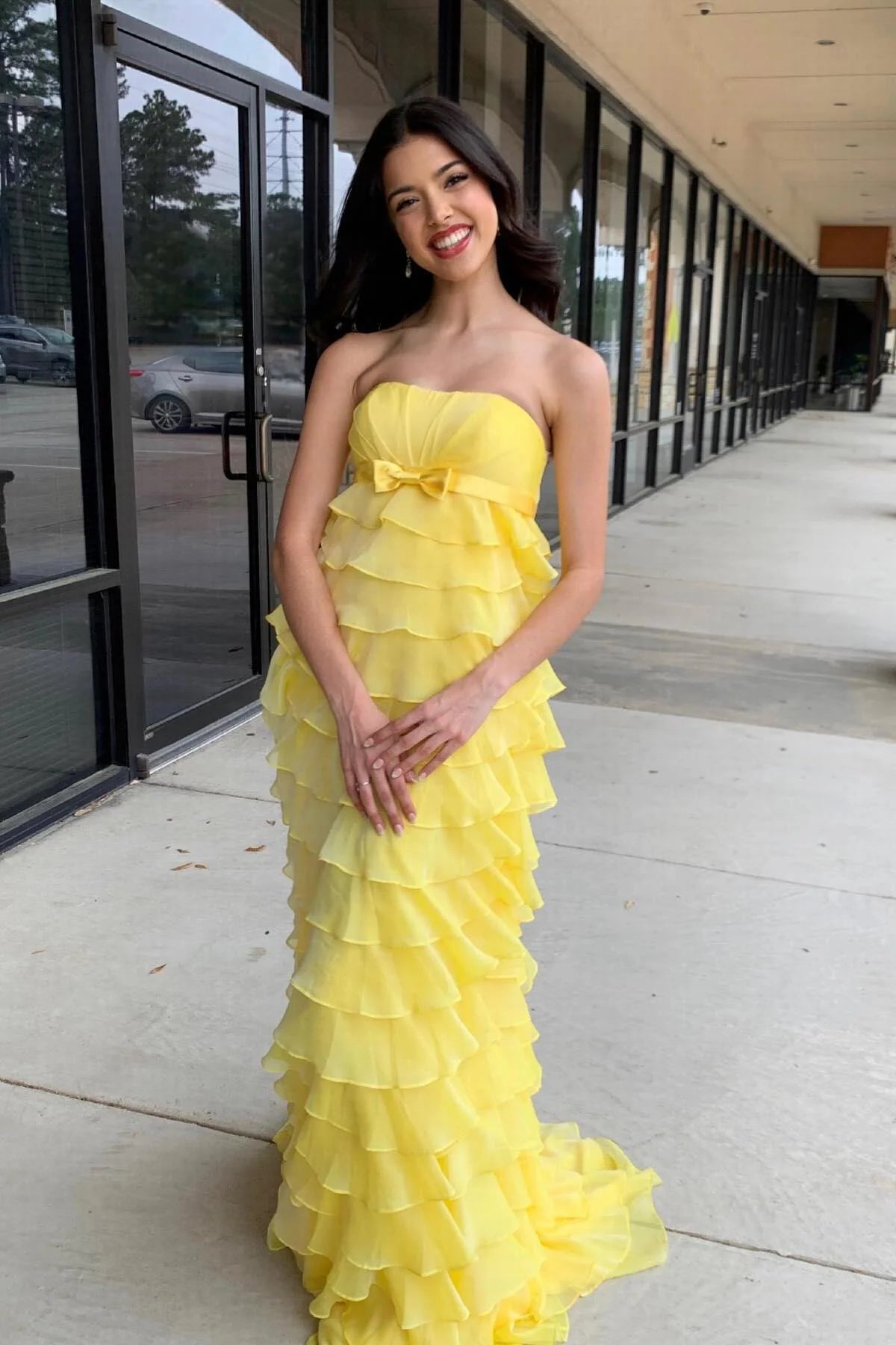 Formal Women's Dresses Strapless Sleeveless Yellow Chiffon Tiered Ruffles Long Party Dress Prom Dress Prom Dress In Store