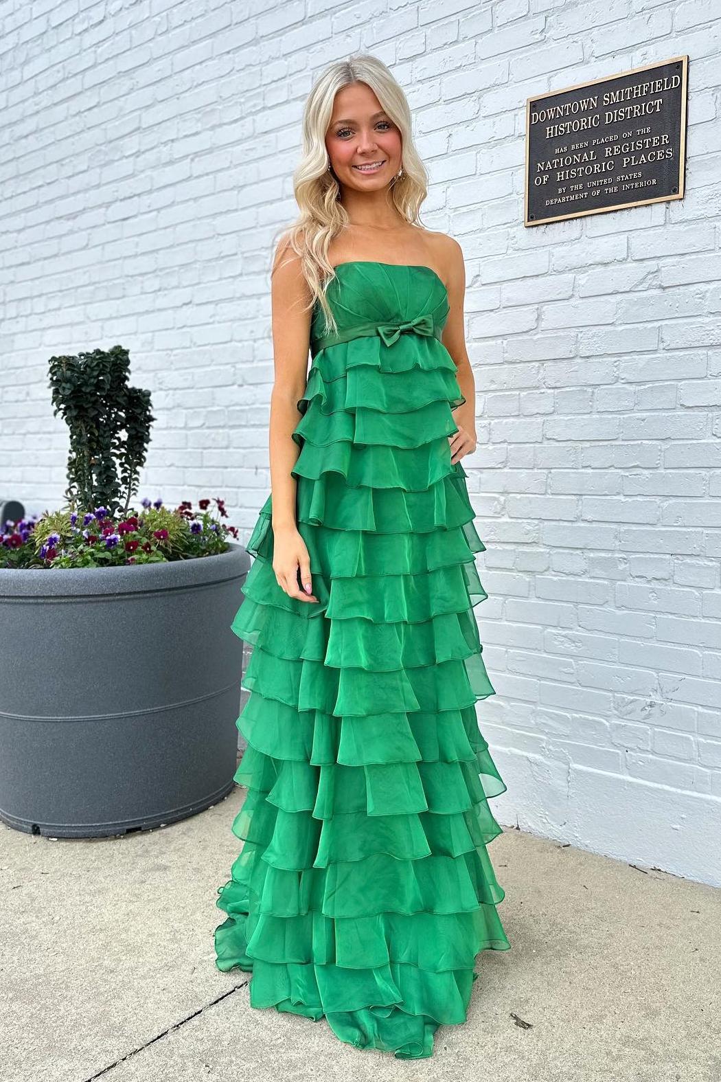 Formal Women's Dresses Strapless Sleeveless Yellow Chiffon Tiered Ruffles Long Party Dress Prom Dress Prom Dress In Store