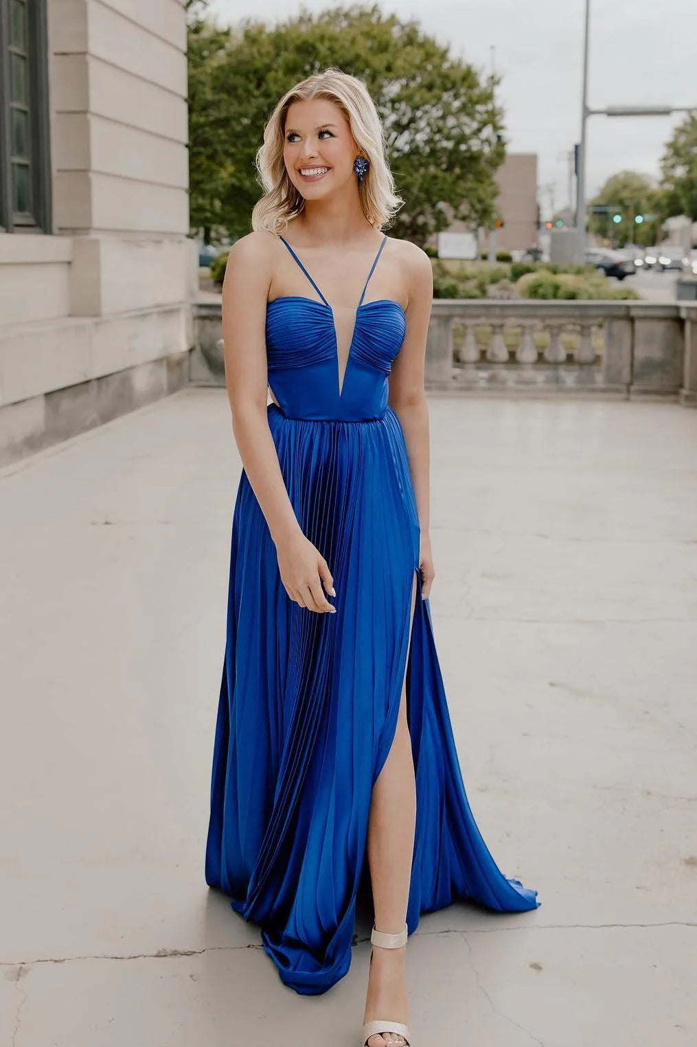 Formal Women's Dresses Straps Royal Blue Pleated Long Formal Dress with Bow Back Prom Dress Prom Dress In Store