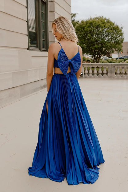 Formal Women's Dresses Straps Royal Blue Pleated Long Formal Dress with Bow Back Prom Dress Prom Dress In Store