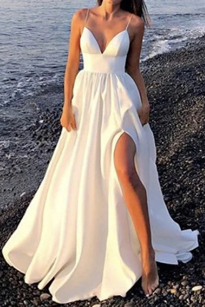 Formal Women's Dresses V Neck Open Back White Long Prom Dress with High Slit V Neck White Formal Graduation Evening Dress / Prom Dress In Store