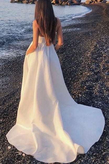 Formal Women's Dresses V Neck Open Back White Long Prom Dress with High Slit V Neck White Formal Graduation Evening Dress / Prom Dress In Store