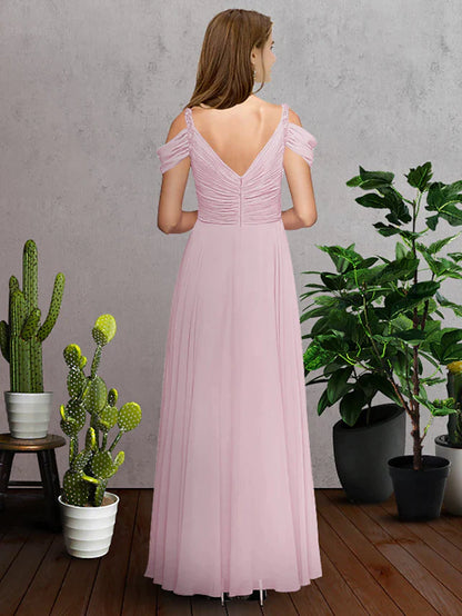 A-Line V Neck Spaghetti Strap Floor Length Chiffon Bridesmaid Dress