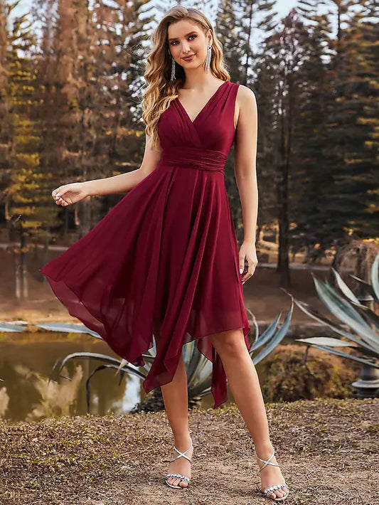 A-Line V Neck Asymmetrical Chiffon Bridesmaid Dress