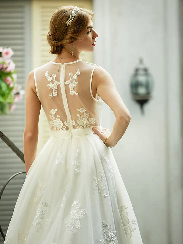 A-Line Wedding Dresses Plunging Neck Lace Over Tulle Sleeveless See-Through Beautiful Back Illusion Detail with Sash Ribbon Appliques