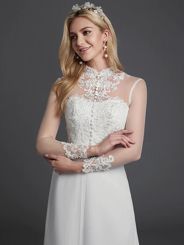 A-Line Wedding Dresses High Neck Court Train Chiffon Lace Long Sleeve Vintage Plus Size Backless with Lace Buttons