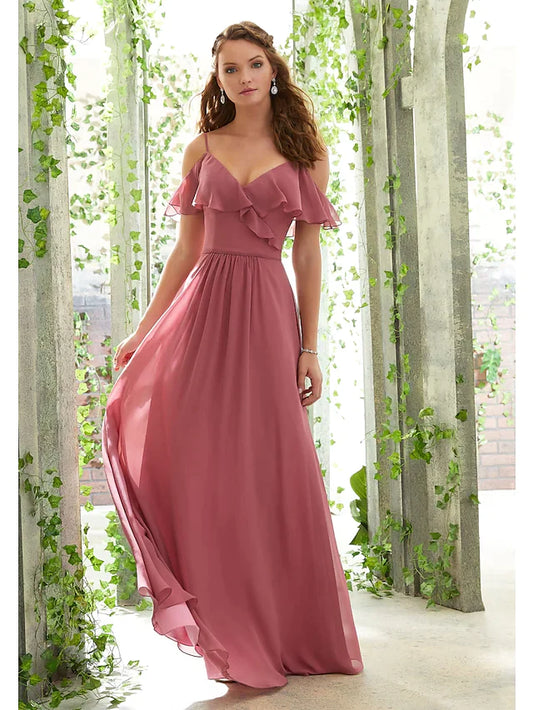 A-Line Spaghetti Strap Floor Length Chiffon Bridesmaid Dress