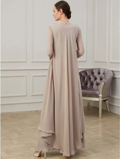 A-Line Mother of the Bride Dress Elegant Jewel Neck Floor Length Polyester Long Sleeve with Appliques