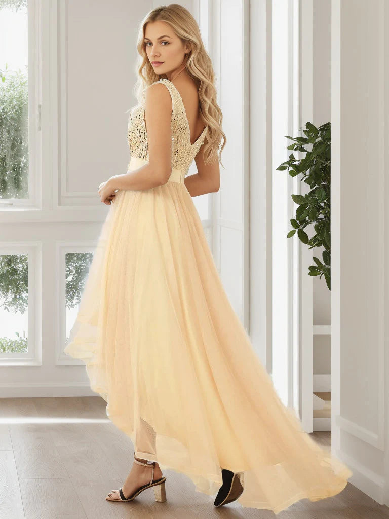 Sleeveless Sequin Ribbon Waist Tulle High Low Evening Dress