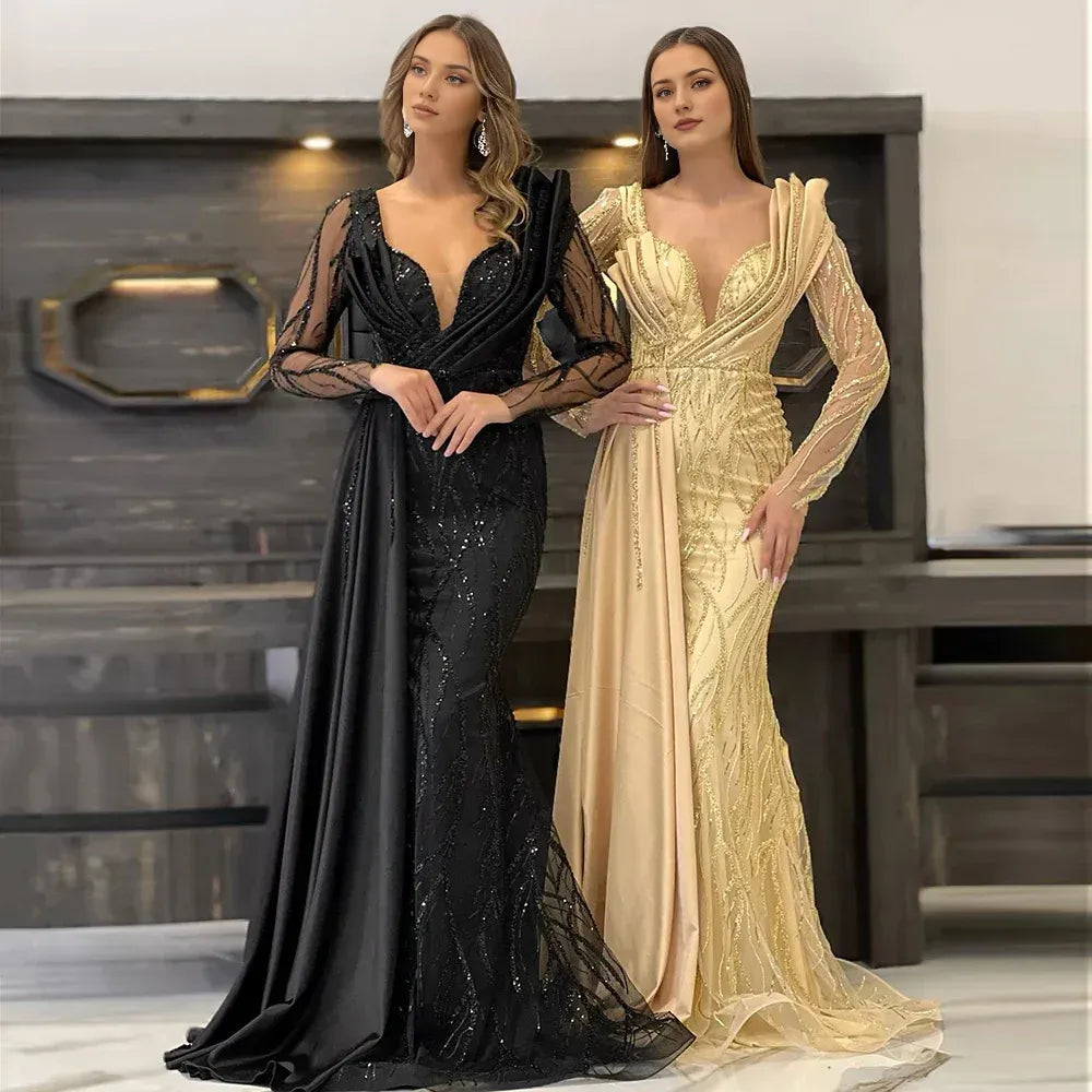 Gold Mermaid Sequin Prom Dress Elegant Long Sleeves Evening Dress Emerald Green Sweetheart V Neck Party Dress