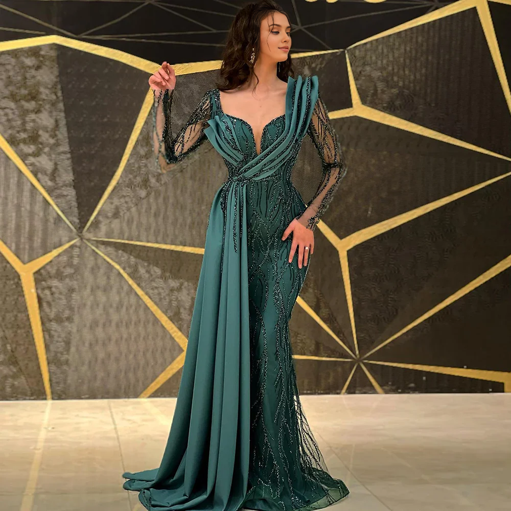 Gold Mermaid Sequin Prom Dress Elegant Long Sleeves Evening Dress Emerald Green Sweetheart V Neck Party Dress