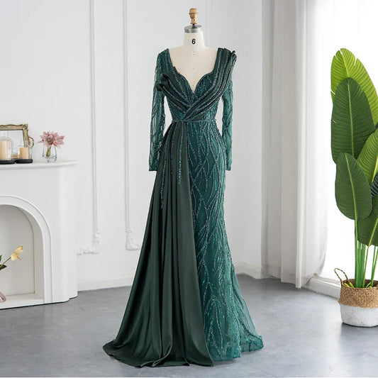 Gold Mermaid Sequin Prom Dress Elegant Long Sleeves Evening Dress Emerald Green Sweetheart V Neck Party Dress