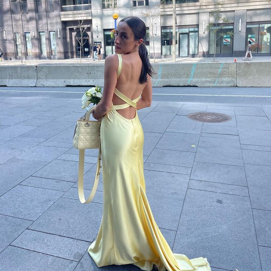 Xuewuba Dress Gorgeous Mermaid Spaghetti Straps Floor Length Yellow Evening Dress Backless Prom Dresses