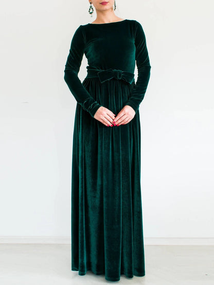 Green Velvet Dress Long Sleeve Dress Long Velour Dress A-line Modest Dress Formal Maxi Dress Dark Green Dress