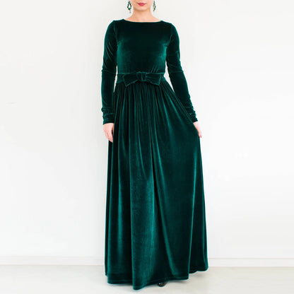 Green Velvet Dress Long Sleeve Dress Long Velour Dress A-line Modest Dress Formal Maxi Dress Dark Green Dress