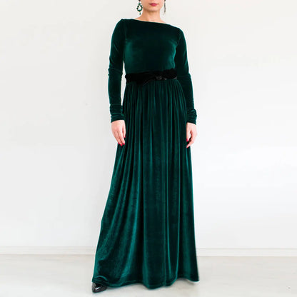 Green Velvet Dress Long Sleeve Dress Long Velour Dress A-line Modest Dress Formal Maxi Dress Dark Green Dress