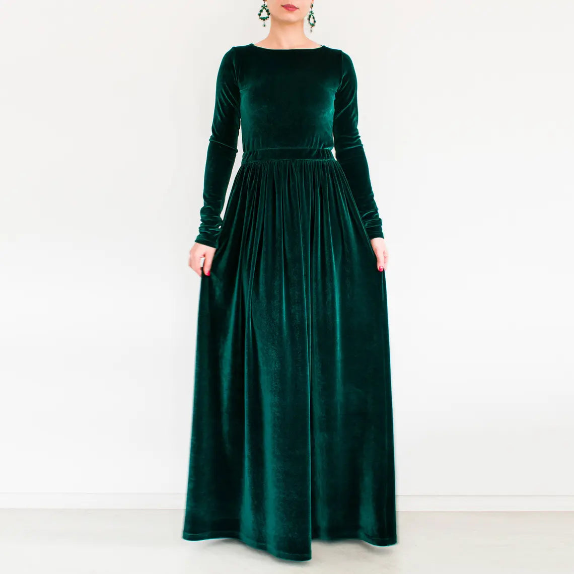 Green Velvet Dress Long Sleeve Dress Long Velour Dress A-line Modest Dress Formal Maxi Dress Dark Green Dress