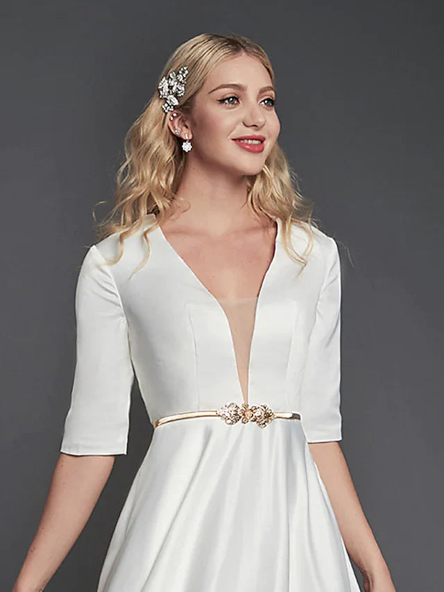 A-Line Minimalist Elegant Homecoming Party Dress V Neck Half Sleeve Tea Length Satin with Ribbon Pleats