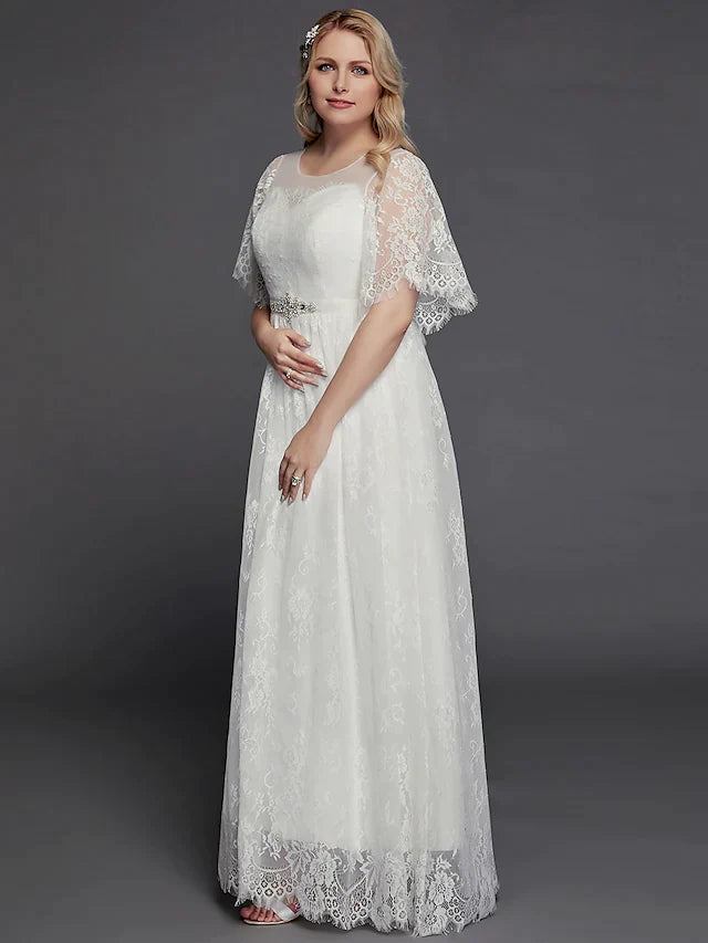 A-Line Wedding Dresses Illusion Neck Jewel Neck Floor Length Lace Tulle Half Sleeve Formal Boho Little White Dress See-Through with Beading Lace Insert